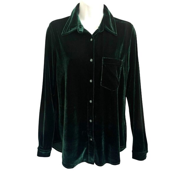 L’Academie Classic Shirt XS Dark Green Velvet Shacket Button Down Top Romantic - Picture 1 of 13